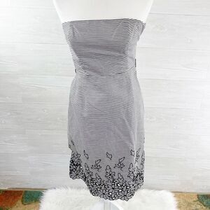 Tibi Striped Floral Eyelet Cotton Strapless Straight Fit Dress